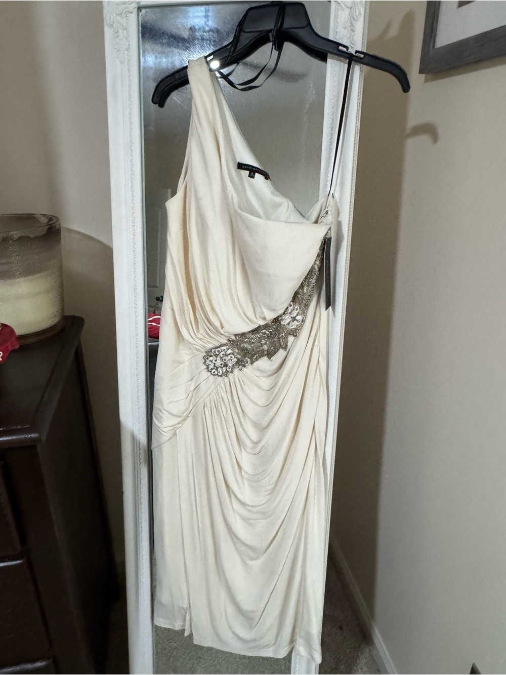 David Meister Cream One-Shoulder Evening Gown with Embellished Waist